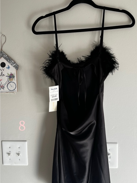Dresses & Skirts - Black Satin Slip Dress with Feather Trim